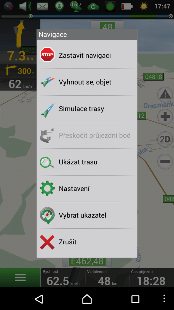 Nabídka po klepnutí na dolní lištu