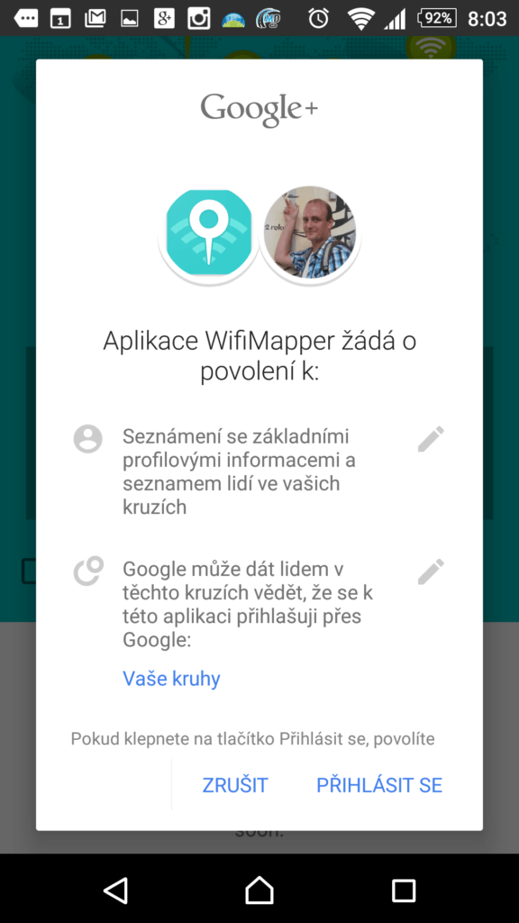 Přihlášení účtem Google+