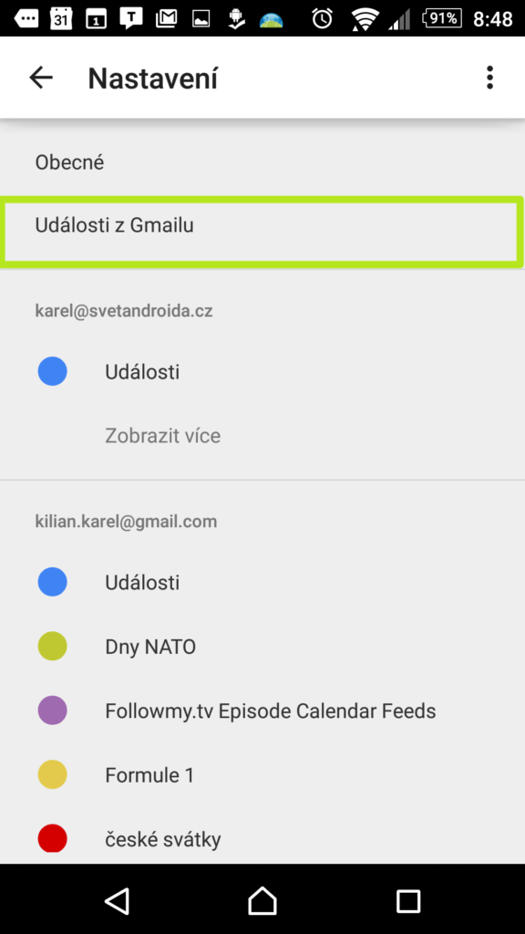 Sekce Události z Gmailu