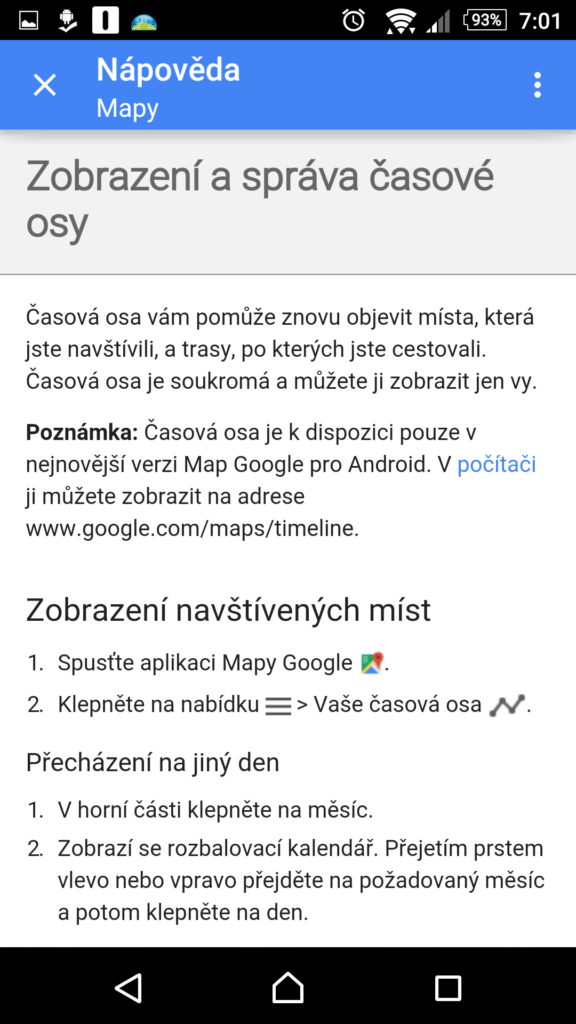 Časová osa v nové verzi Map Google