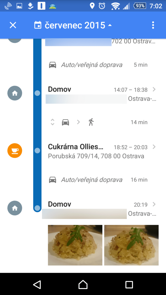Časová osa zvoleného dne