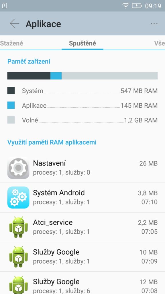 Lenovo A7000 spuštěné aplikace
