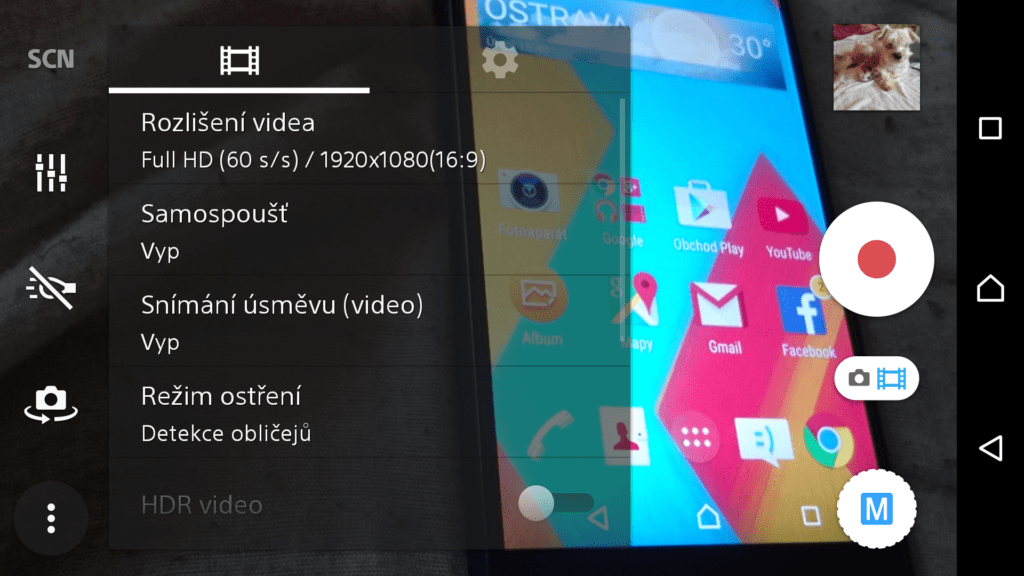 Sony Xperia Z3 aplikace fotoaparát nastavení videa