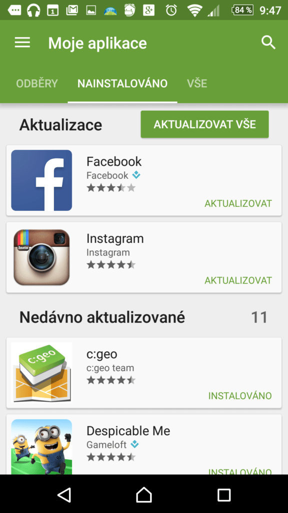 Sekce Moje aplikace