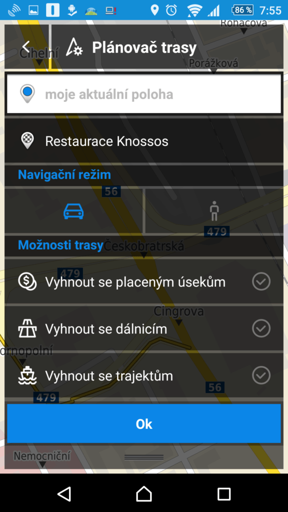 Nastavení parametrů trasy