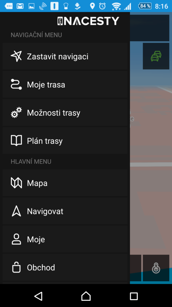 Postranní nabídka během navigace