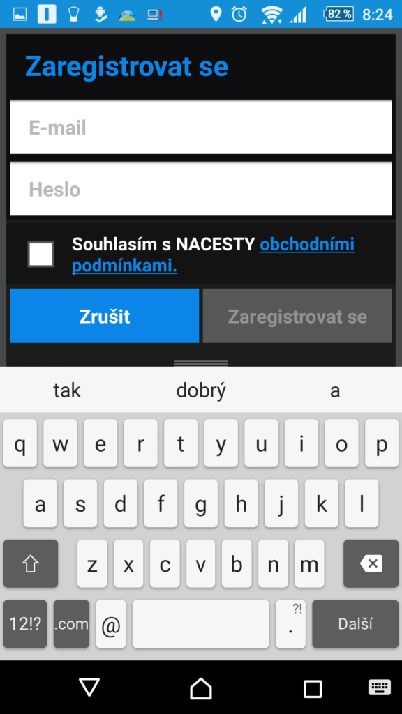 Registrace účtu NACESTY