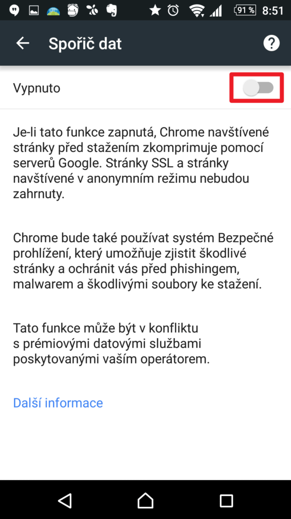 Zapnutí spořiče dat