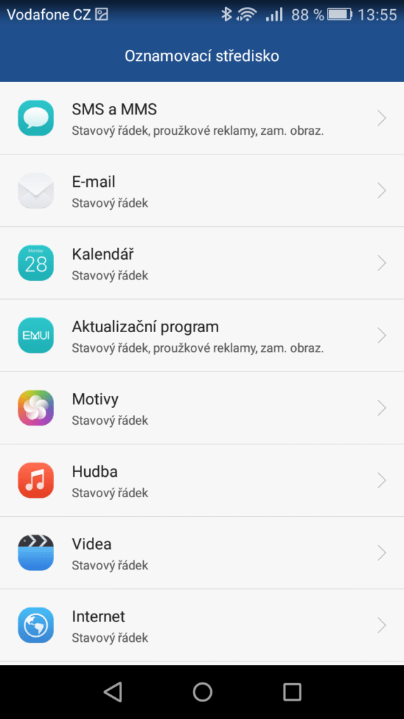 Huawei P8 Lite oznamovací oblast