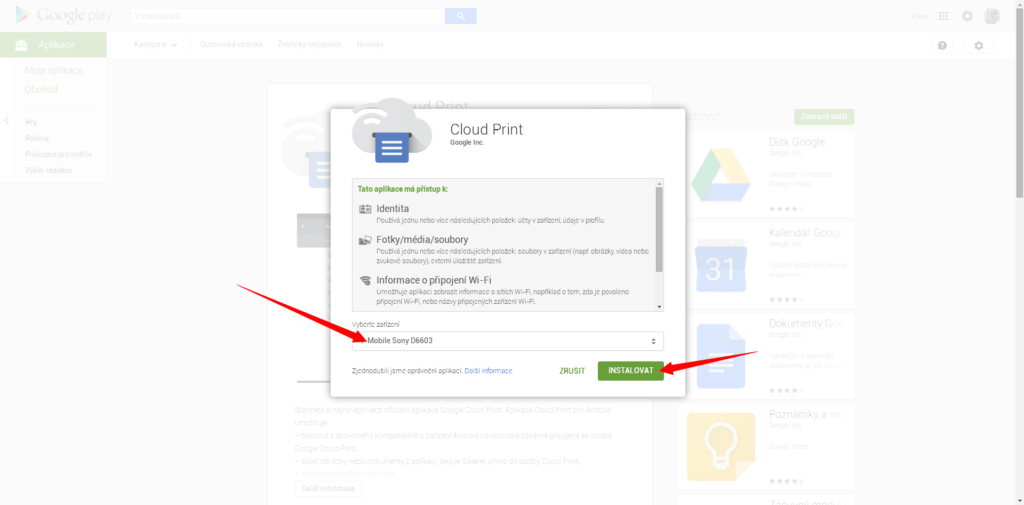 Instalace aplikace Cloud Print z Obchodu Play