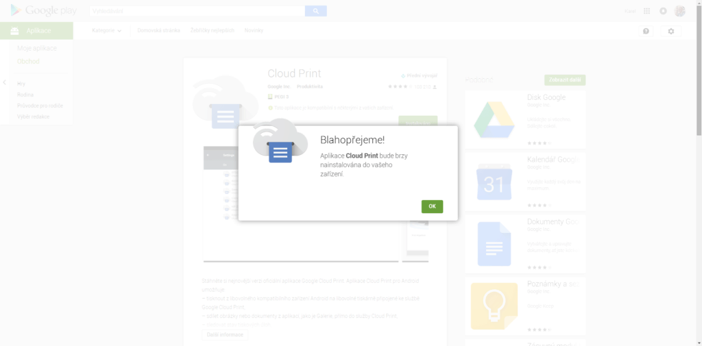 Instalace aplikace Cloud Print z Obchodu Play