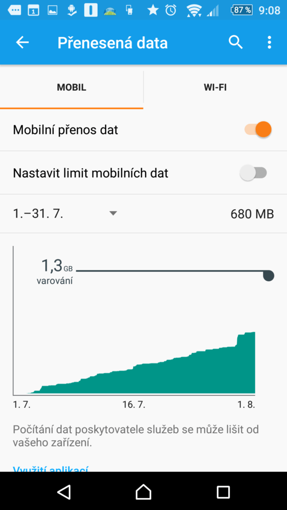 Objem přenesených dat najdete v nastavení
