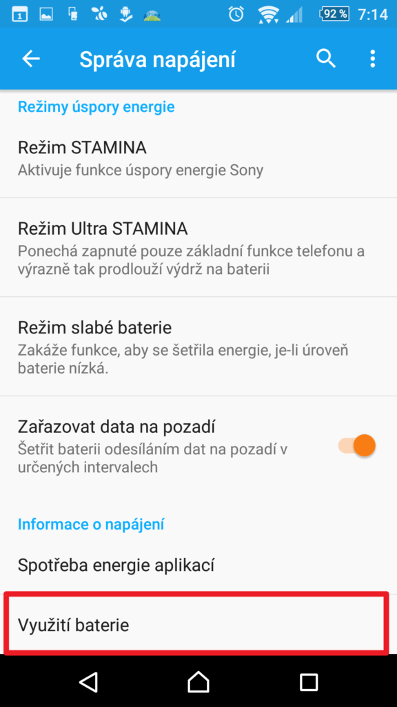 Sekce Využití baterie