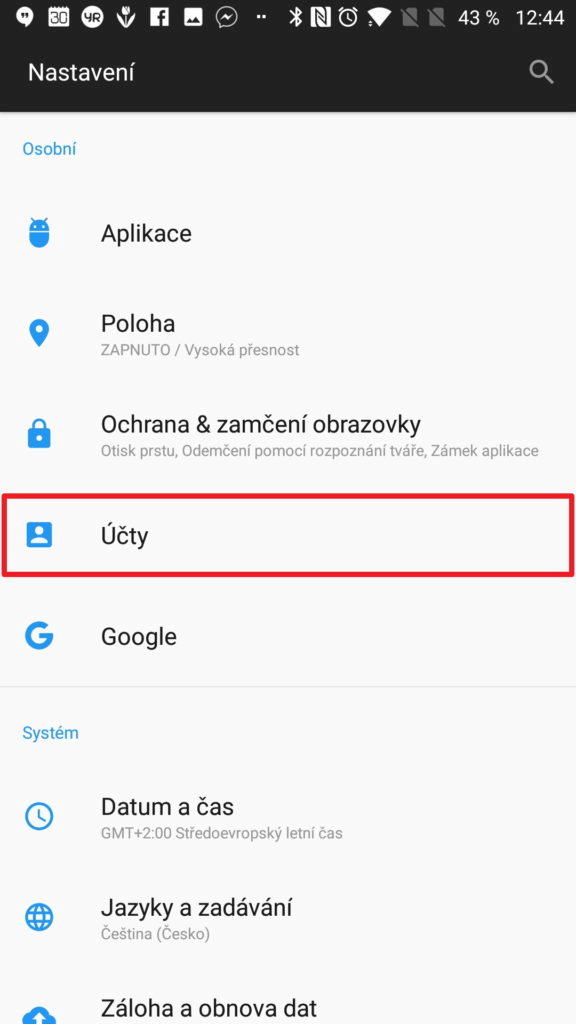 Systémové nastavení sekce Účty
