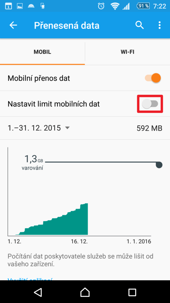 Nastavení limitu mobilních dat