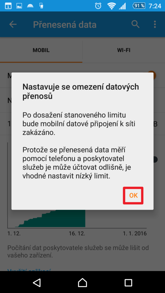 Nastavení limitu mobilních dat
