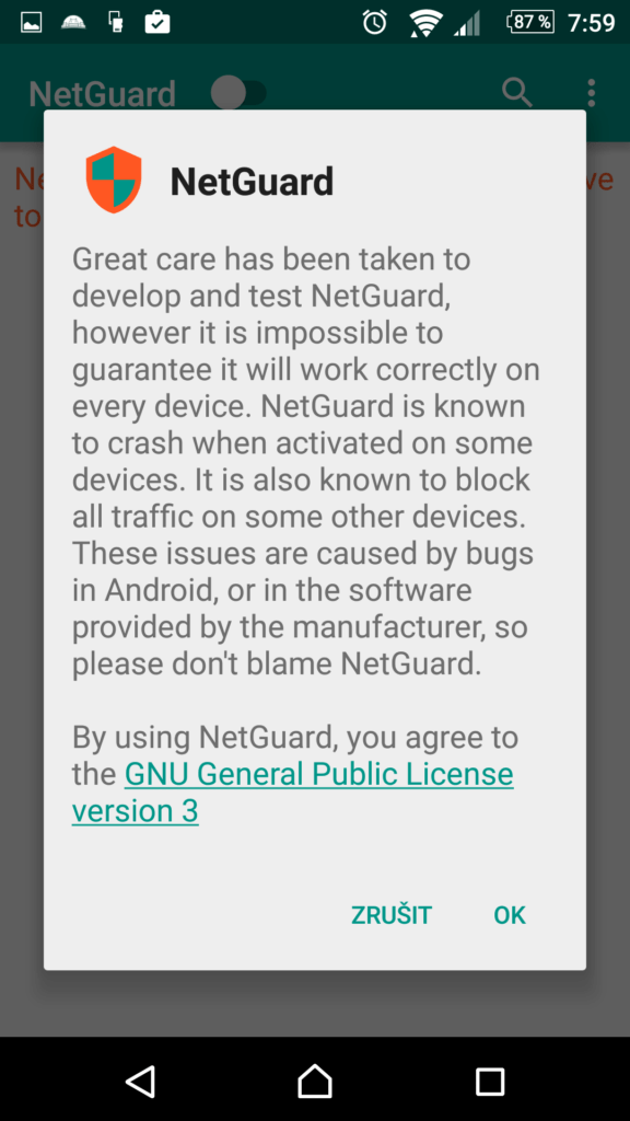 Úvodní dialog aplikace NetGuard