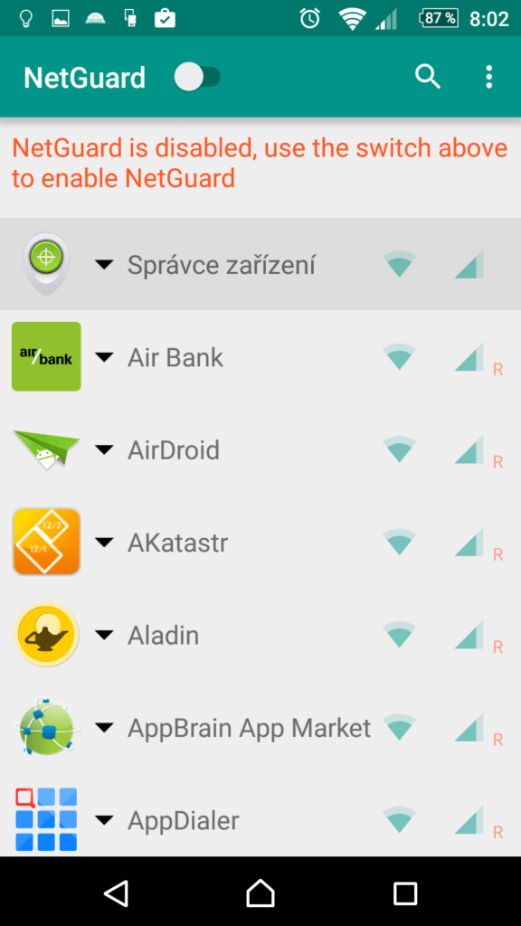 Uživatelské rozhraní aplikace NetGuard