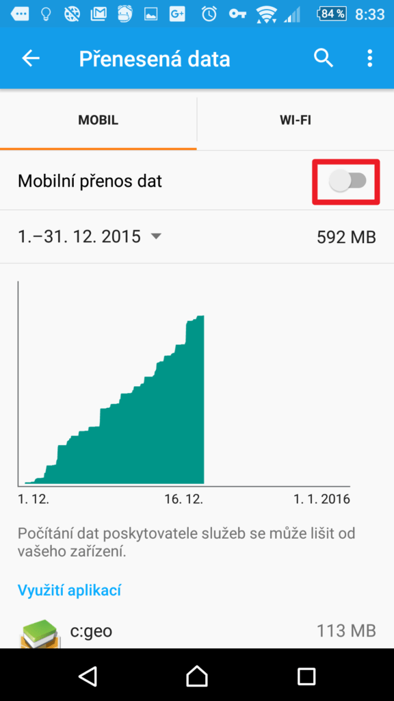 Mobilní datové připojení je zakázáno