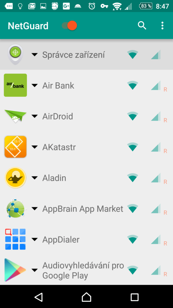 Ve výchozím nastavení mají všechny aplikace Internet povolený