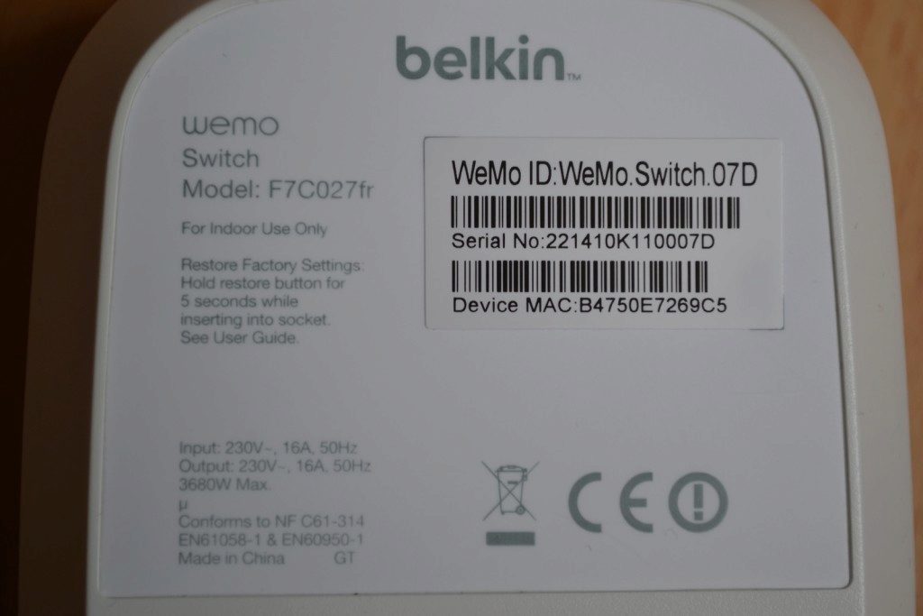 Belkin Wemo Switch výrobní štítek