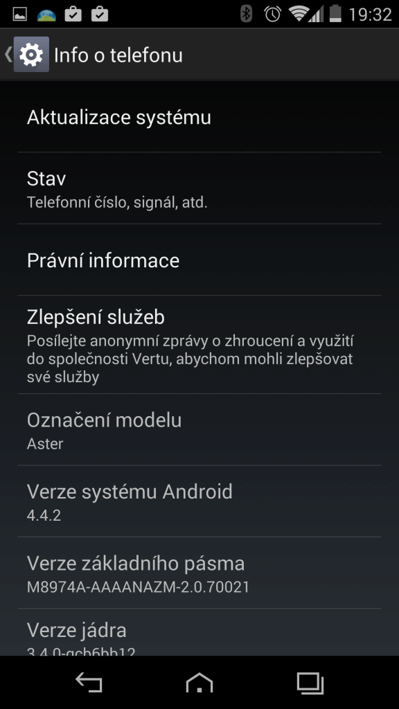 Vertu Aster verze systému Android 4.4.2 2