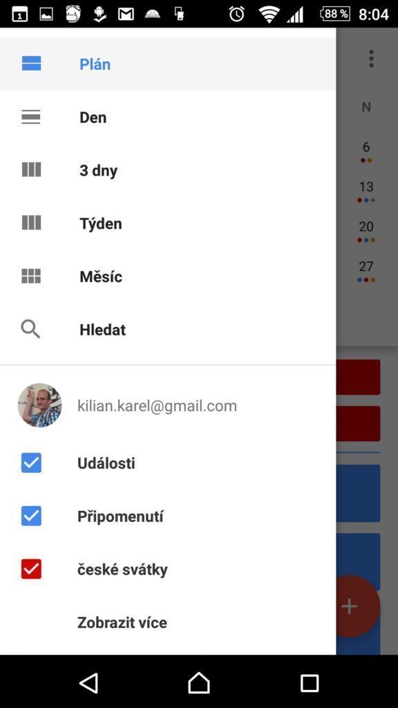 Postranní nabídka Kalendáře