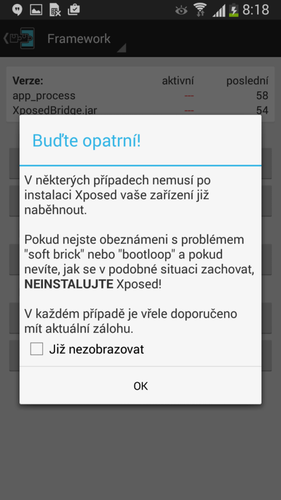 Upozornění před spuštěním aplikace