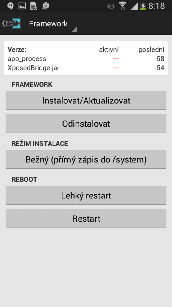 Prostředí sekce Framework
