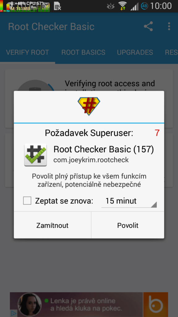 Kontrola práv roota pomocí aplikace Root Checker