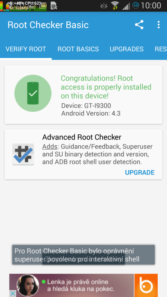 Kontrola práv roota pomocí aplikace Root Checker