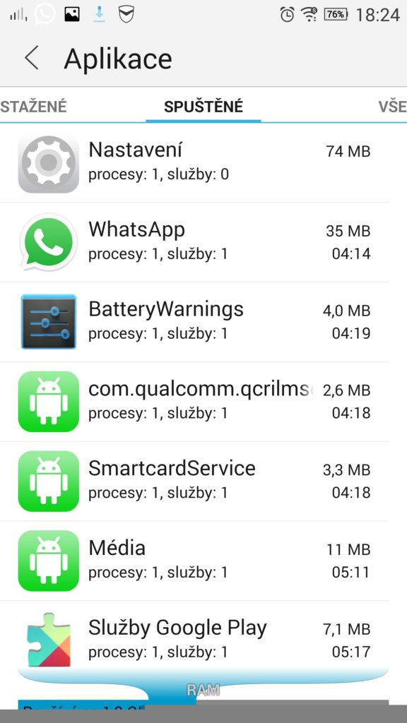 Lenovo Vibe Z2 Pro RAM běžící aplikace