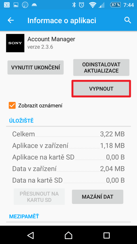Tlačítko Vypnout