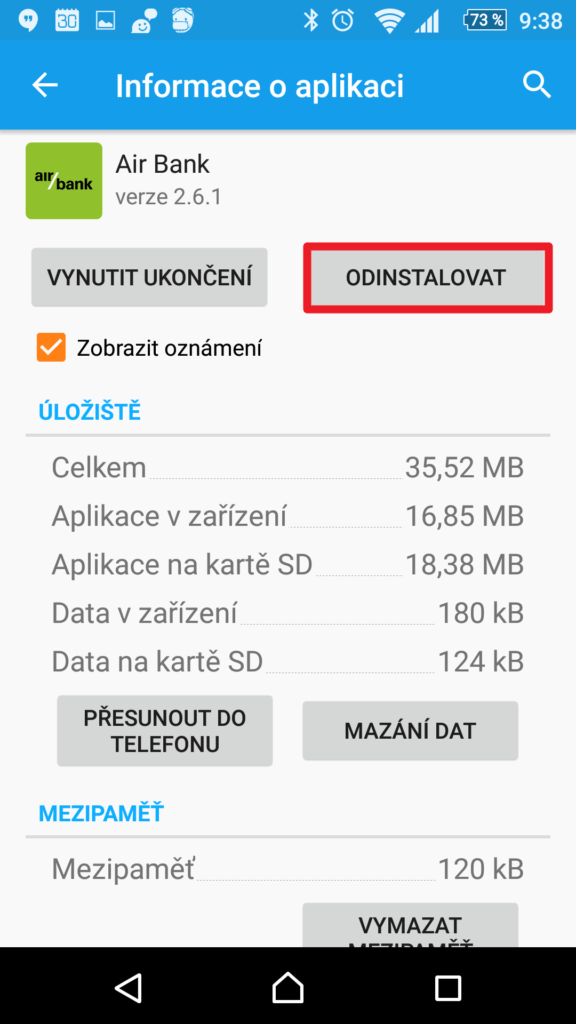 Tlačítko Odinstalovat