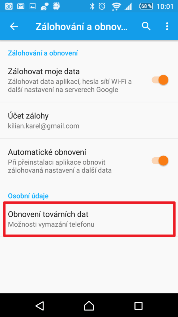 Obnovení továrních dat