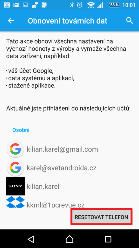 Resetovat telefon