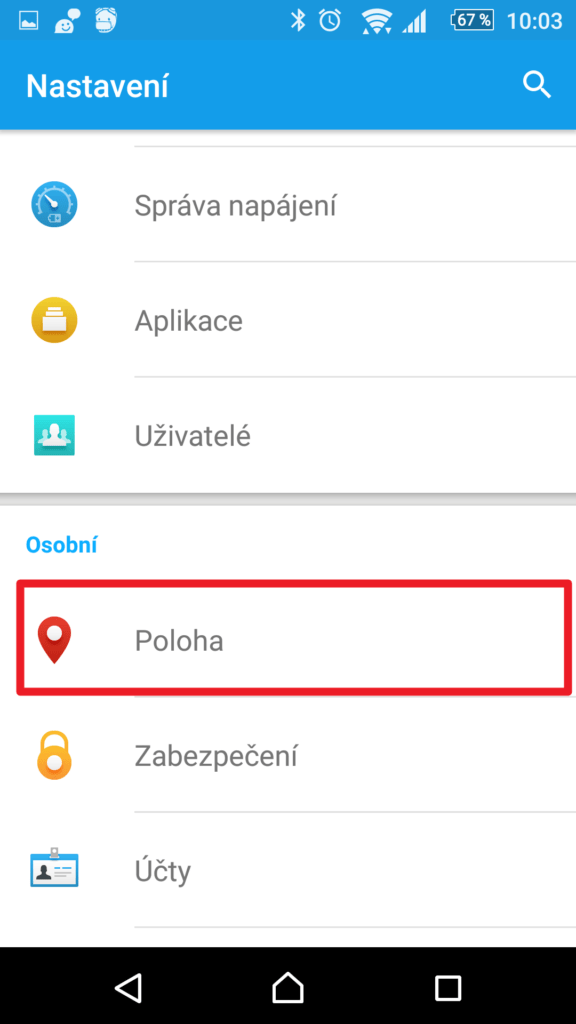 Systémové nastavení, sekce Poloha
