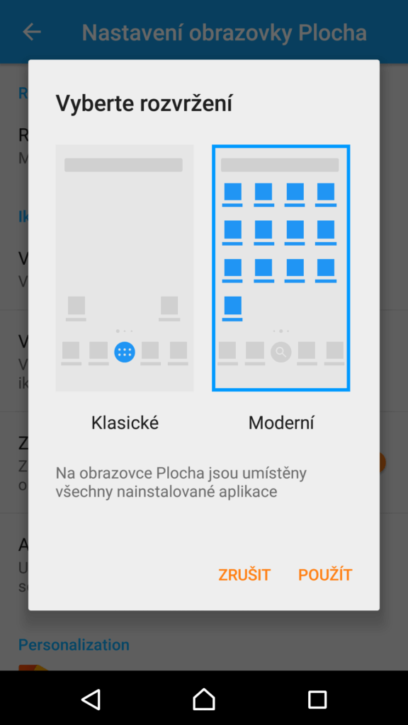 Možnost volby tlačítka Aplikace