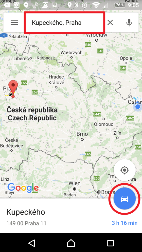 Zadejte cíl a klepněte na autíčko