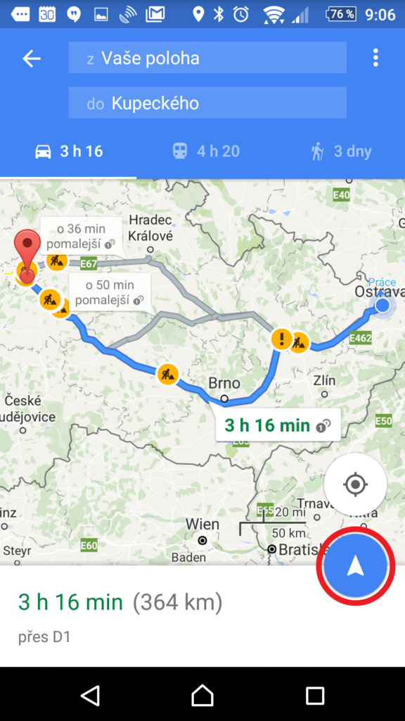 Vyberte trasu a klepněte na šipku