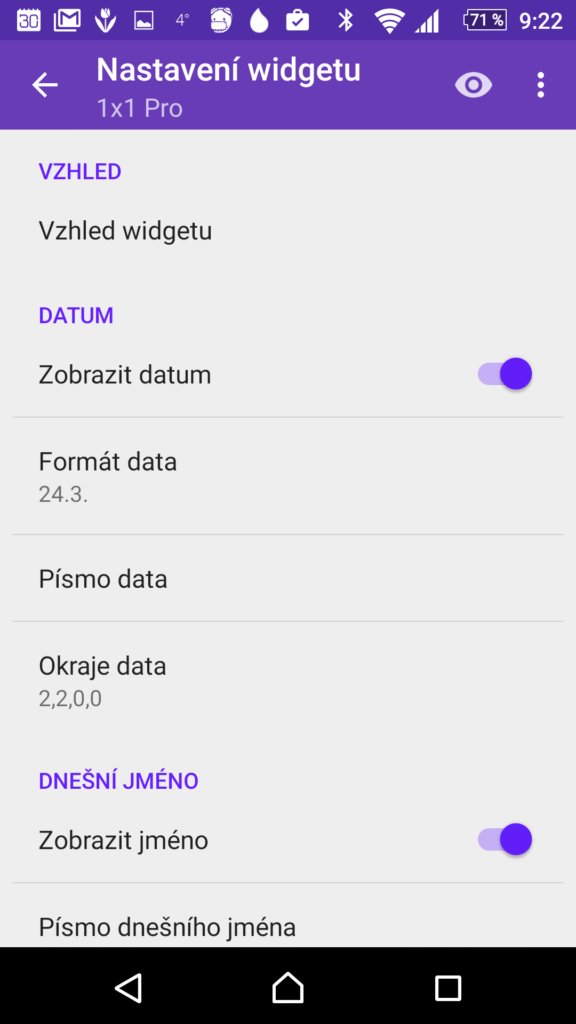 Nastavení Pro widgetu