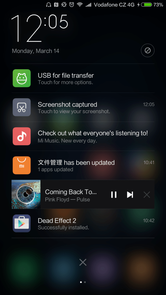 Xiaomi Mi5 systém notifikační lišta