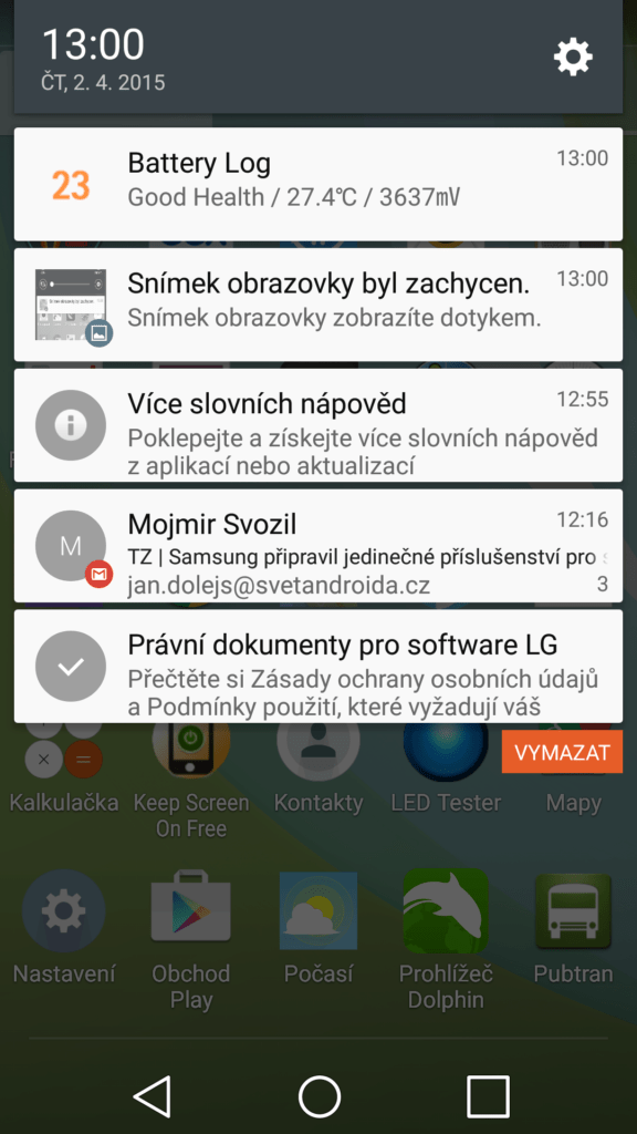 LG G Flex 2 prostředí systému notifikační lišta 2