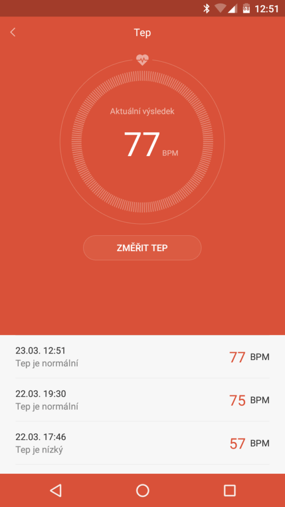 Xiaomi MiBand 1S třetí meření tepu