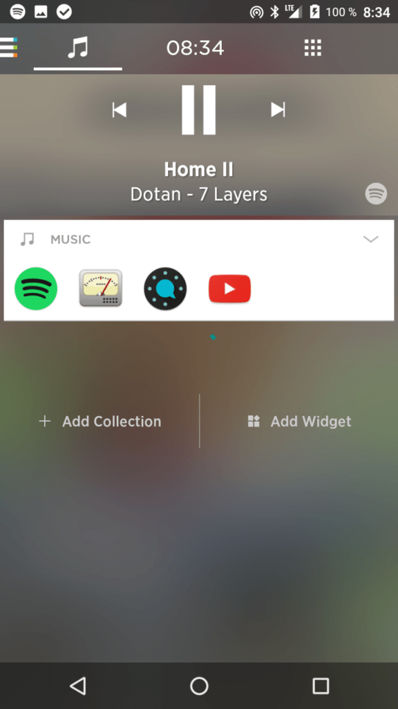 Yahoo Aviate Launcher levá obrazovka poslech hudby celá karta