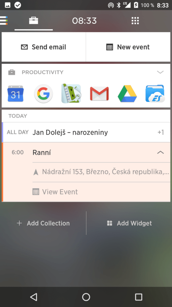 Yahoo Aviate Launcher levá obrazovka práce