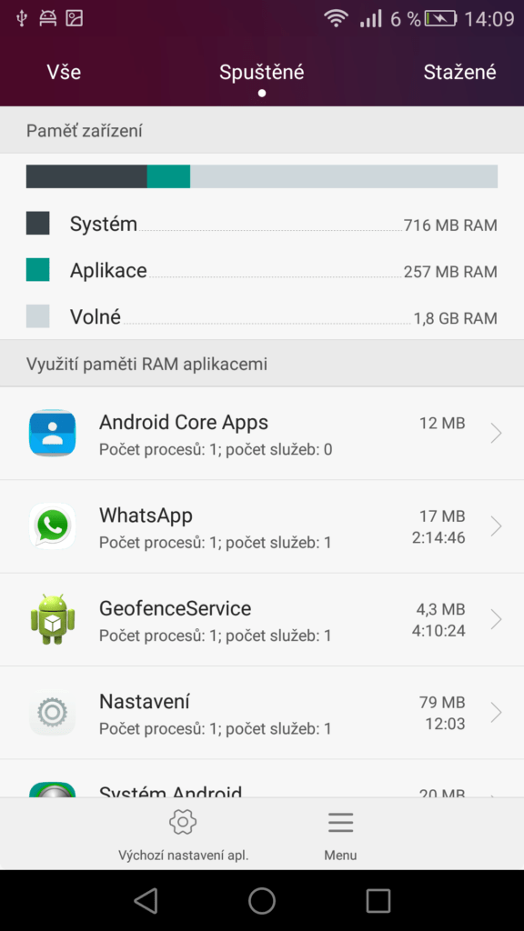 Huawei P8 obsazení RAM paměti