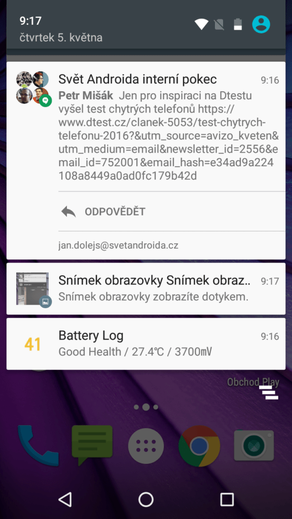 Lenovo Moto G 2015 systém Android notifikační lišta 1