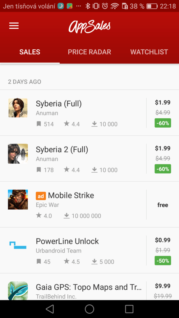Slevy na aplikace a hry appsales 2