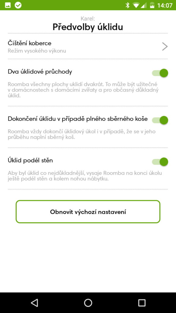 iRobot Home předvolby úklidu